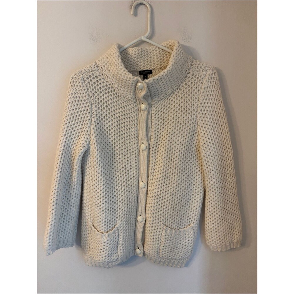 Talbots Cream Chunky Knit cowl front Button Cardigan wool blend sweater women MD - Picture 2 of 9